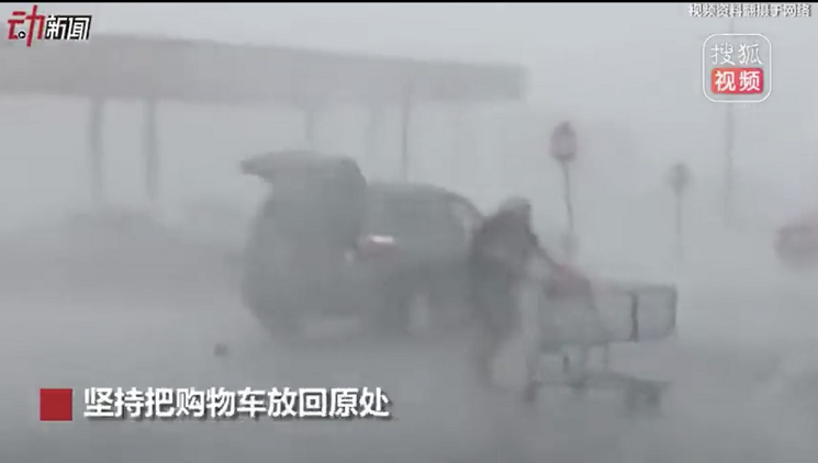 Old Woman Returns To Shopping Cart In Heavy Rain